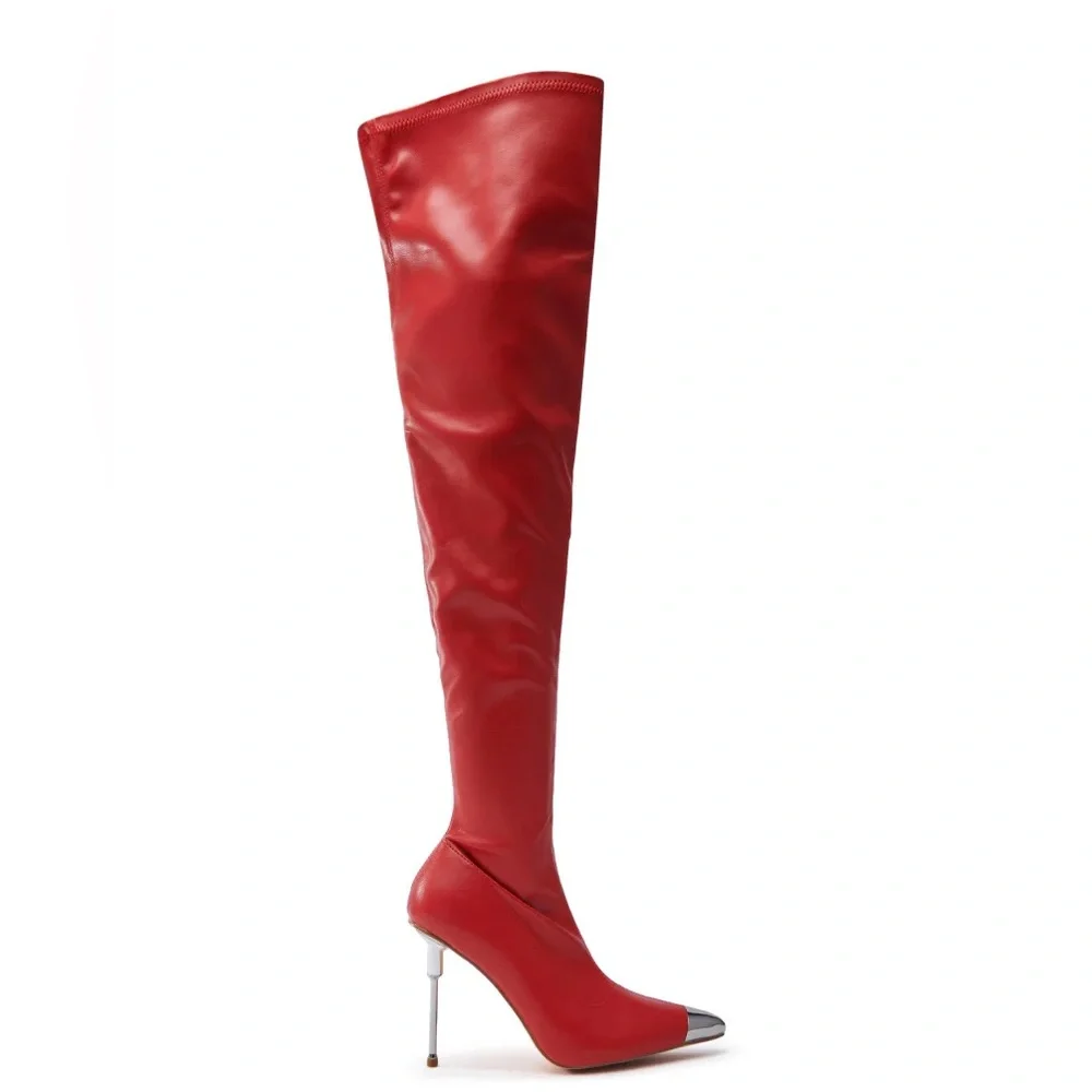 Red Vegan Leather Over-the-Knee Thigh High Stiletto Boots